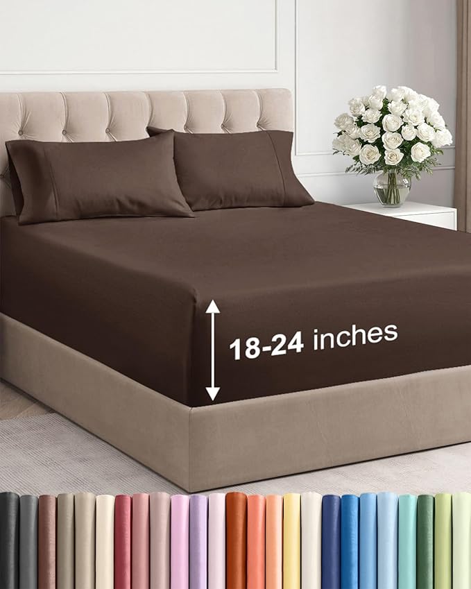 Extra Deep Pocket Cal King Sheets - 4 Piece Breathable & Cooling Bed Sheets - Hotel Luxury Bed Sheet Set - Soft, Wrinkle Free & Comfy - Easily Fits Extra Deep Mattresses - Deep Pocket Brown Sheets Set