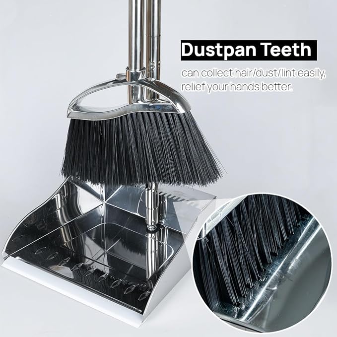 Indoor Broom and Dustpan Comb Set, Heavy Duty Stainless Steel Metal Dust Pan - Image 5