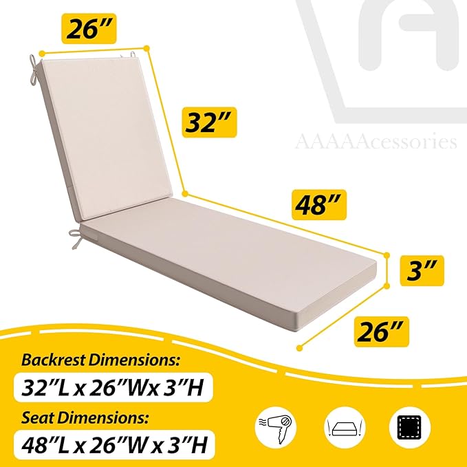 AAAAAcessories Outdoor Chaise Lounge Cushions, Waterproof, Fade-Resistant Patio Furniture Replacement Cushions, 80" x 26" x 3", Khaki Beige