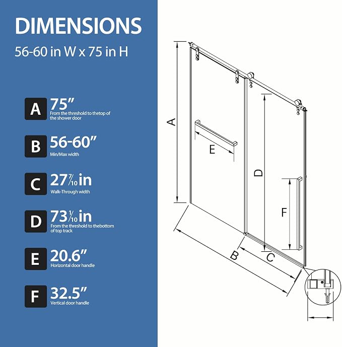 Frameless Sliding Shower Door for 56–60 in Wide Shower, Stainless Steel - Image 6