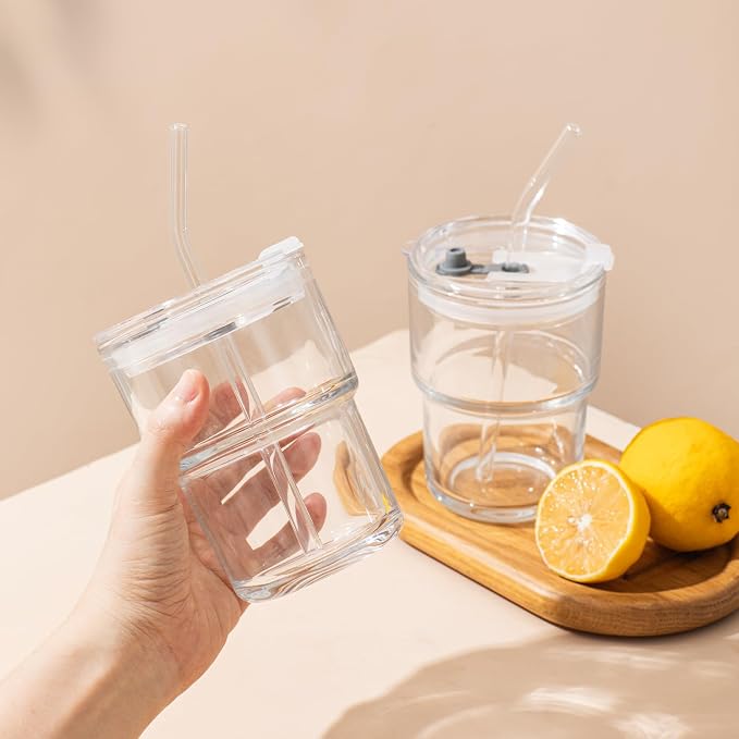 13oz Glass Tumbler with Lid and Glass Straw Set of 4 – Thick-Walled Iced Coffee - Image 8