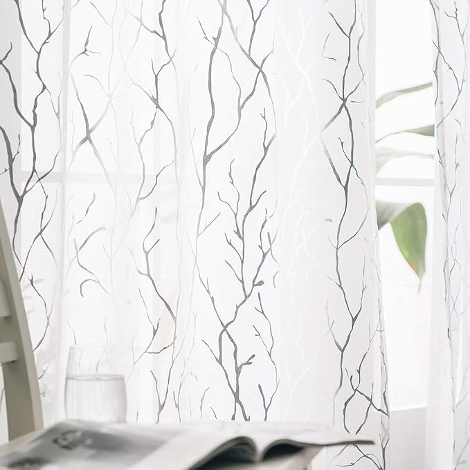 FINECITY Silver White Sheer Curtains 108 Inches Long 2 Panels Metallic Silver by FINECITY