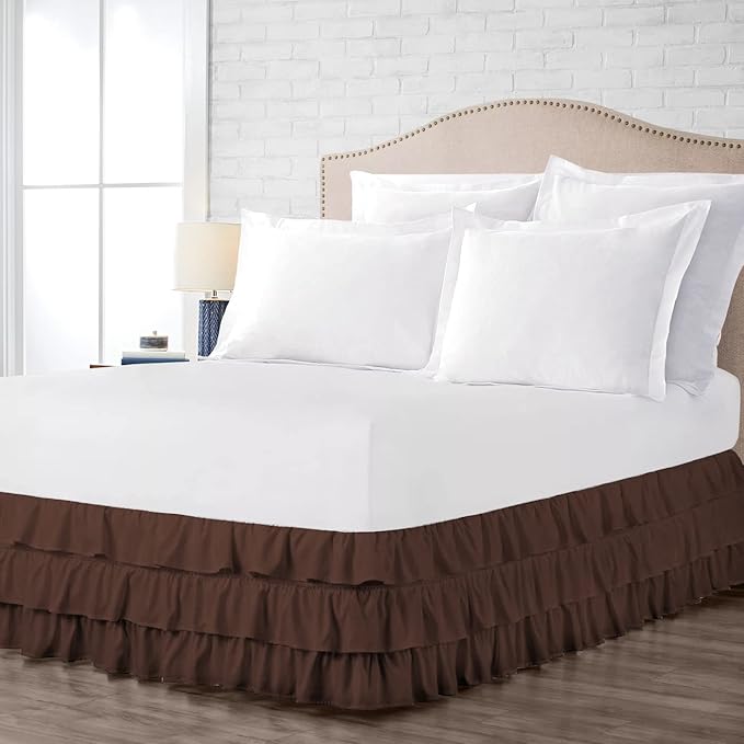 Multi-Ruffle Bed Skirt, Soft Multi Elastic Dust Ruffles with Wrap Around Bed Skirt Easy Fit with 18 Inch Drop 100% Cotton 800 Thread Count (California King, Chocolate)