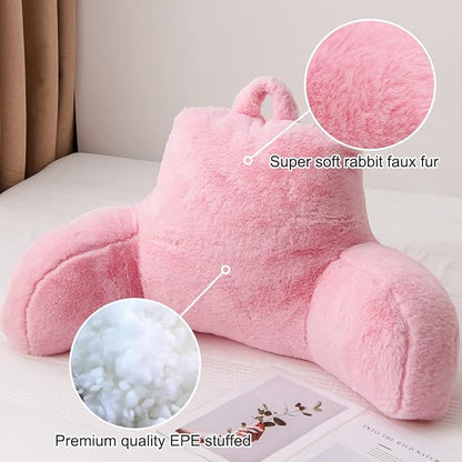 Holawakaka Standard Faux Fur Bed Rest Pillow with Arms, Rabbit Fur Reading Pillows Perfect for Adults, Teens, Kids, Arm, Back, Pregnancy Lumbar & Head Neck Coccyx Lower Back Support Cushion (Pink)
