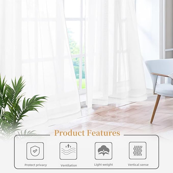 White Sheer Curtains 45 Inches Long 2 Panels, Rod Pocket Short Curtain for Kitchen, Bedroom, Cafe Window(White 38" W x 45" L)