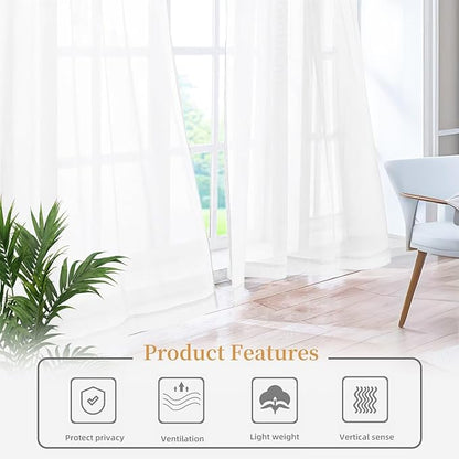 White Sheer Curtains 45 Inches Long 2 Panels, Rod Pocket Short Curtain for Kitchen, Bedroom, Cafe Window(White 38" W x 45" L)