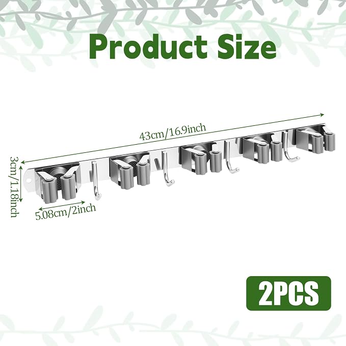 2 Pack Wall Mount Broom Holder, Self Adhesive 5 Racks and 4 Hooks Mop and Broom - Image 2