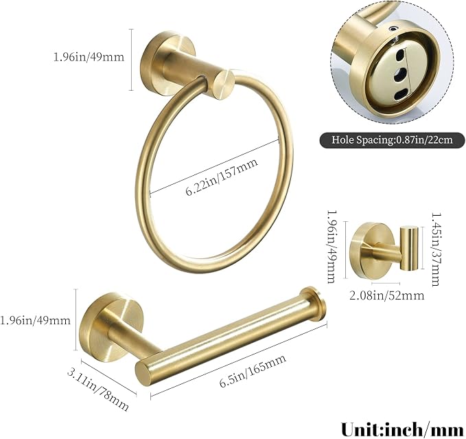 Gold Bathroom Hardware, Toilet Paper Holder Towel Ring and Robe Hook Brushed - Image 7