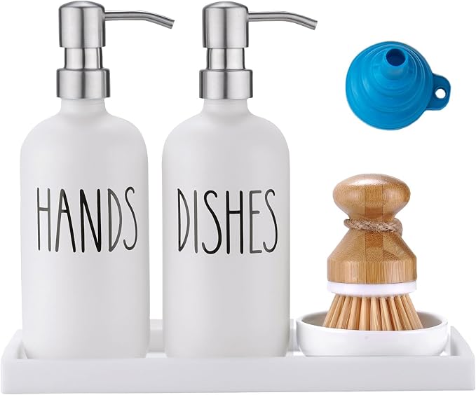 Glass Soap Dispenser for Kitchen, Farmhouse Kitchen Dish Hand Soap Dispenser Set by Eggs+sound