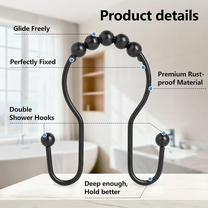 Shower Curtain Hooks, Sturdy Metal Black Shower Curtain Rings, Glide Roller - Image 3