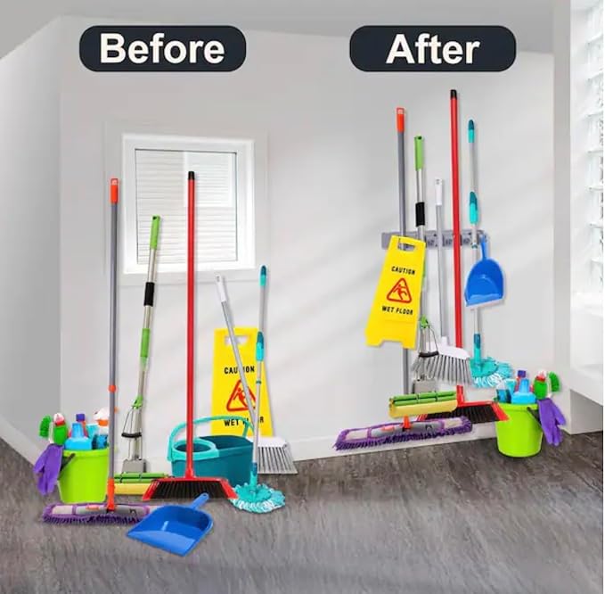 Wall Mounted Broom and Mop Holder, 16 Inch Plastic Organizer, 6 Foldable Hooks - Image 4