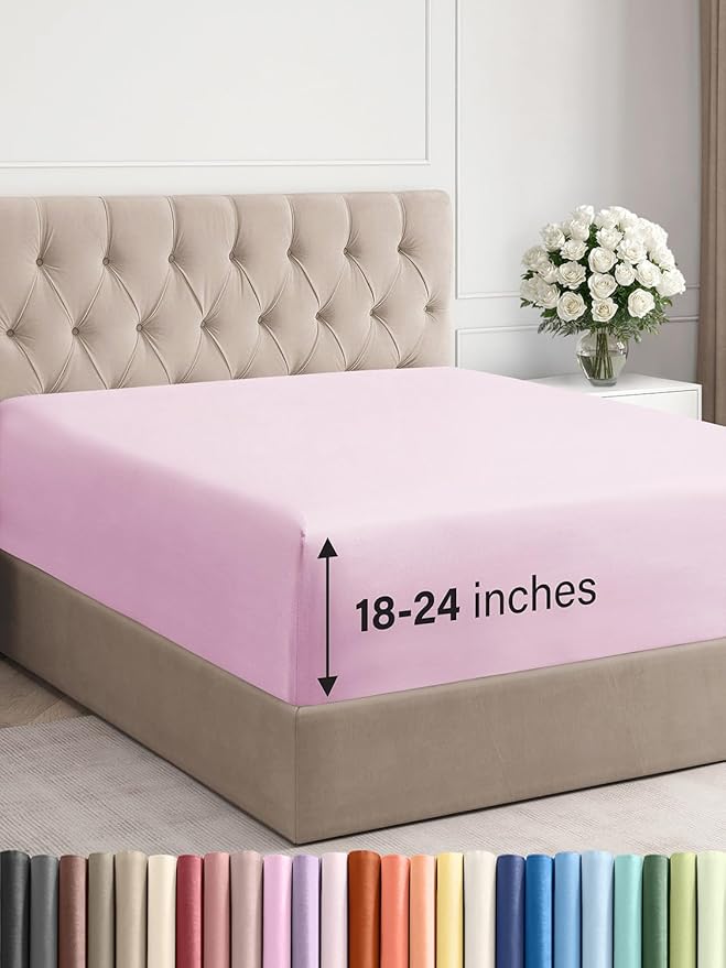 Extra Deep Queen Fitted Sheet - Hotel Luxury Single Fitted Sheet Only - Easily Fits 18 inch to 24 inch Mattress - Ultra Soft, Wrinkle & Fade Free w/Extra Deep Pocket - Breathable & Comfy - Light Pink