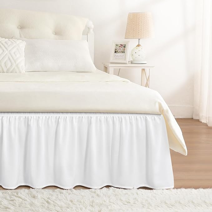 RIMELA Bed Skirt Queen Size Moon White 15 Inch Drop, Wrap Around Elastic Bedskirt, Dust Ruffle for Adjustable Bed Base Soft Durable Fabric Machine Washable Easy to Install Bed Skirts