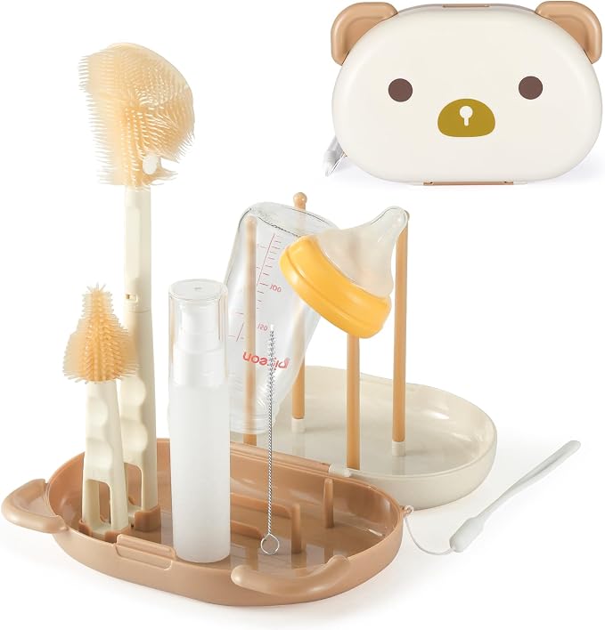 VOOWO Baby Bottle Brush & Drying Rack, Travel Bottle Cleaner Kit, Silicone by VOOWO