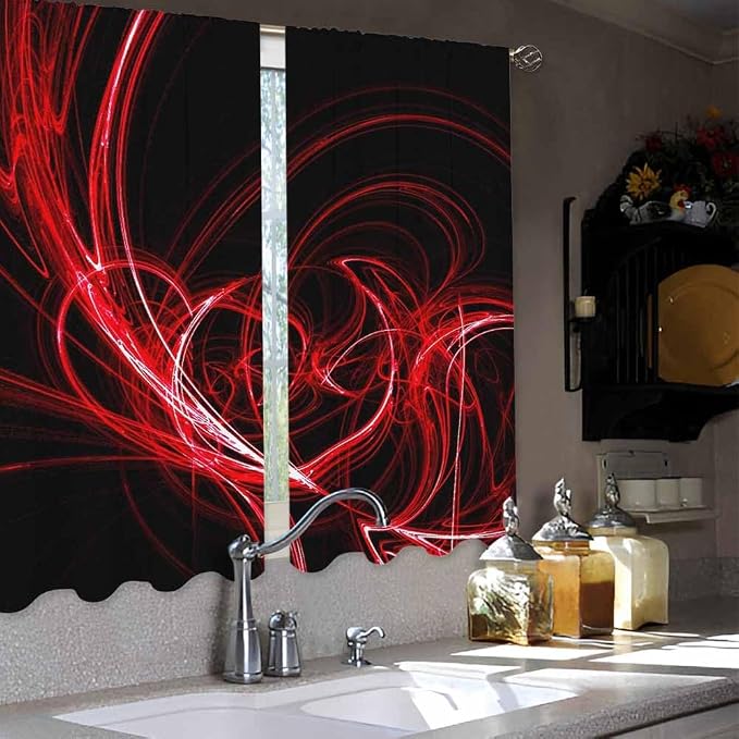 Red Circle Kitchen Curtains Abstract Red Circles Lines Black Mystical Short - Image 4
