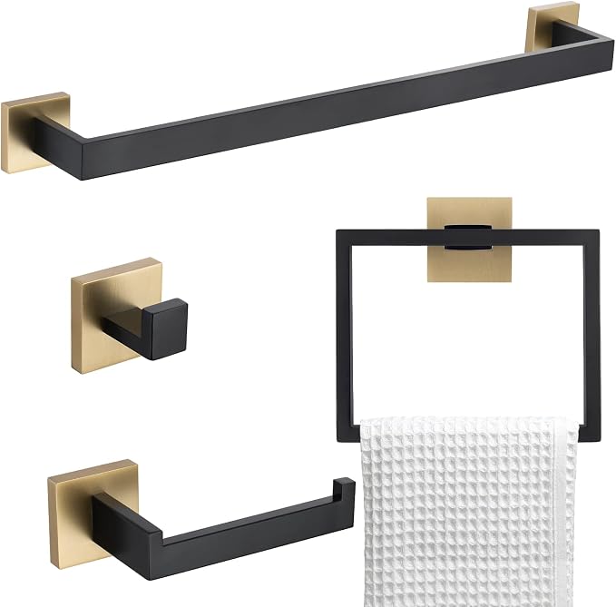 Bathroom Towel Bar Holder Sets Black and Gold 4-Piece Bathroom Hardware Set by TQKAG