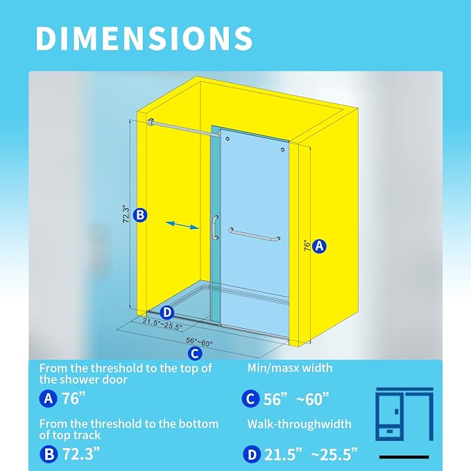 56-60" W x 76" H Frameless Sliding Shower Door, Frameless Shower Door, Shower - Image 2