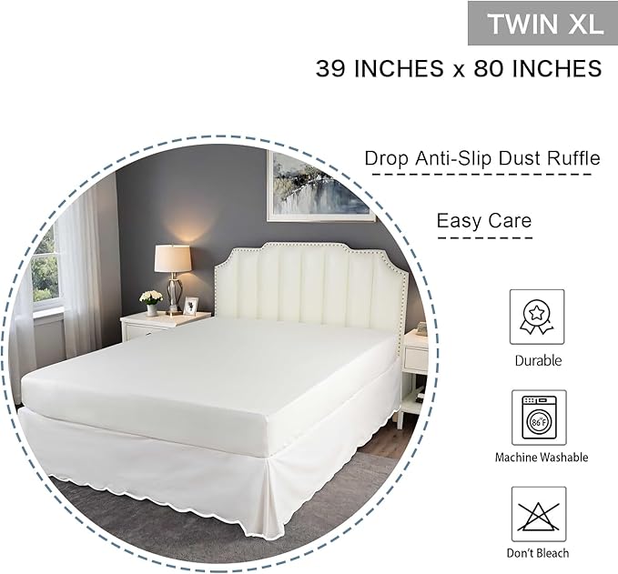 HIG Off-White Chic Twin XL Bed Skirt - Easy Fit Scallop Edge Pleated Bedskirts, 14 Inch Drop Anti-Slip Dust Ruffle, Thick Fabric for Enhanced Privacy, Pre-Washed for Long-Lasting Use(N60022)