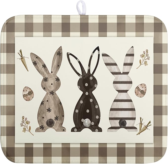 Easter Dish Drying Mat for Counter Bufflao Plaids Bunny Dish Mat Cute Rabbits by Wnoesat
