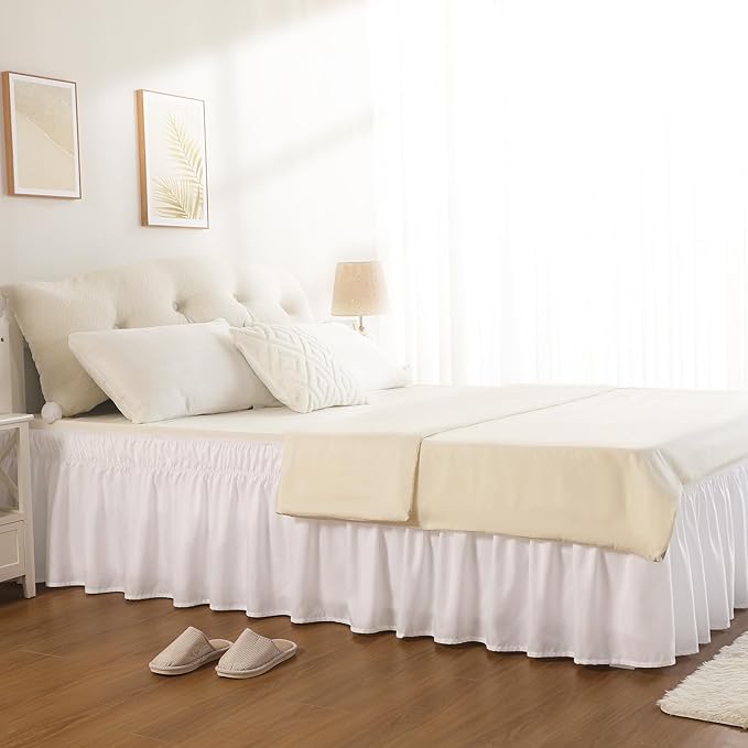 RIMELA White Bed Skirt Queen Size 12 Inch Drop, Elastic Bed Skirting for Bed Base and Frame, Bedding Dust Ruffle Easy to Install, Lightweight Wrap Around Adjustable Bedskirt