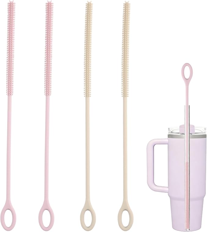 4Pcs Reusable Silicone Straw Cleaner Brush Extra Long, Soft Bendable, Non-Slip by IAXSEE