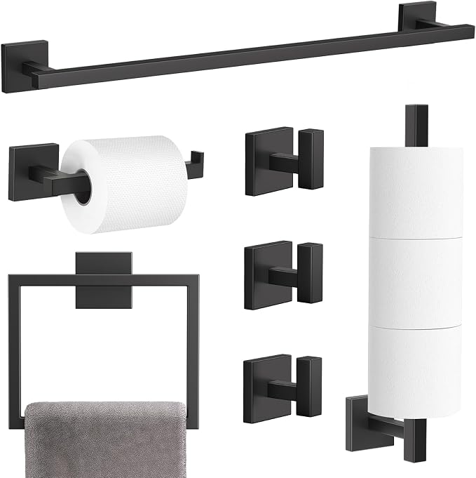 TQKAG 7-Pieces Matte Black Bathroom Hardware Accessories Set 23.6" SUS304 by TQKAG