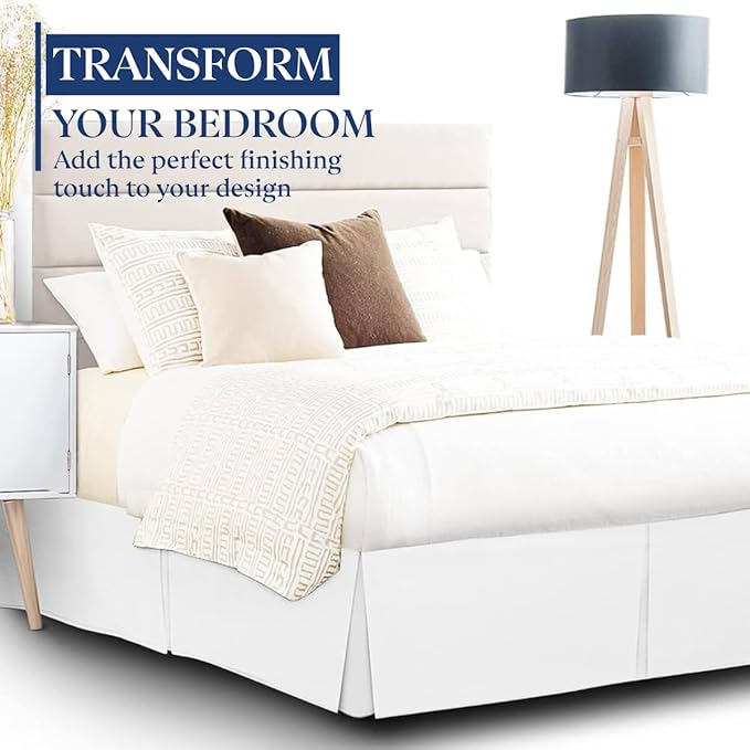 SKY BEDDINGS Luxury Pleated Queen Bed Skirt with Split Corners - 18 Inch Tailored Drop - Pleated Dust Ruffle - Wrinkle-Free 100% Microfiber - Easy Fit, Soft & Durable - White
