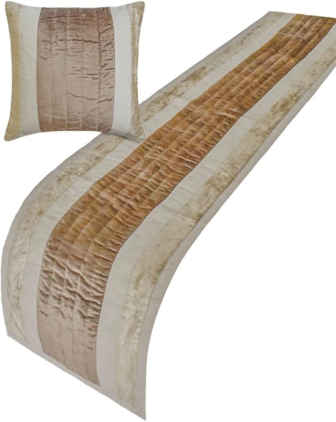 The HomeCentric King/Queen/Twin Beige Designer King 90"x18" Bed Runner with Two Pillow Cover, Velvet & Patchwork Bed Scarf on Velvet Fabric - Luxe Velvet Lines