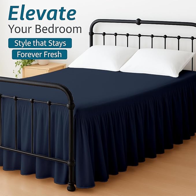 Shreem Linen Ruffled Bed Skirt with Split Corners, Gathered Style, 100% Microfiber, 16-Inch Drop, Dust Ruffle Bedskirt with Platform, Twin-XXL, Navy Blue