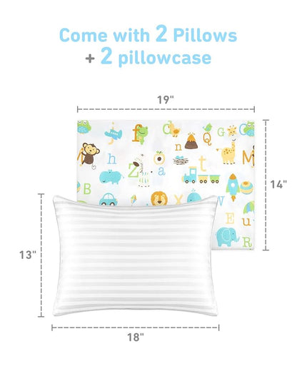 Babebay Toddler Pillow,13 x 18 Kid Pillows for Sleeping, Machine Washable Kids Pillow with Soft Cotton Pillowcase, Perfect for Travel, Toddlers Cot (Animal Letters)