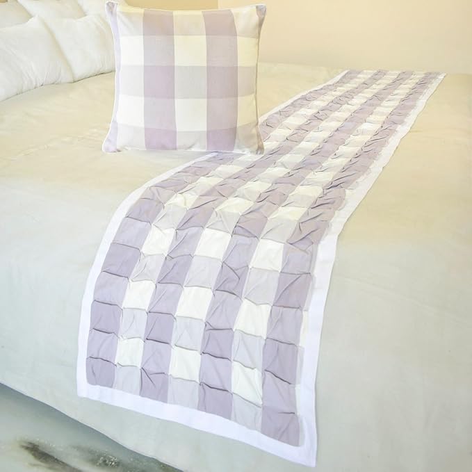 The HomeCentric King/Queen/Twin Lavender Decorative Bed Runner Full 68"x18" Bed Runner Without Pillow Cover, Checkered, Buffalo Plaid, Check Bed Scarf on Cotton Fabric - Lavender Plaid Knots
