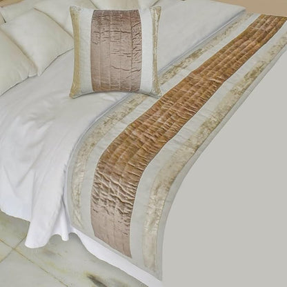 The HomeCentric King/Queen/Twin Beige Designer King 90"x18" Bed Runner with Two Pillow Cover, Velvet & Patchwork Bed Scarf on Velvet Fabric - Luxe Velvet Lines