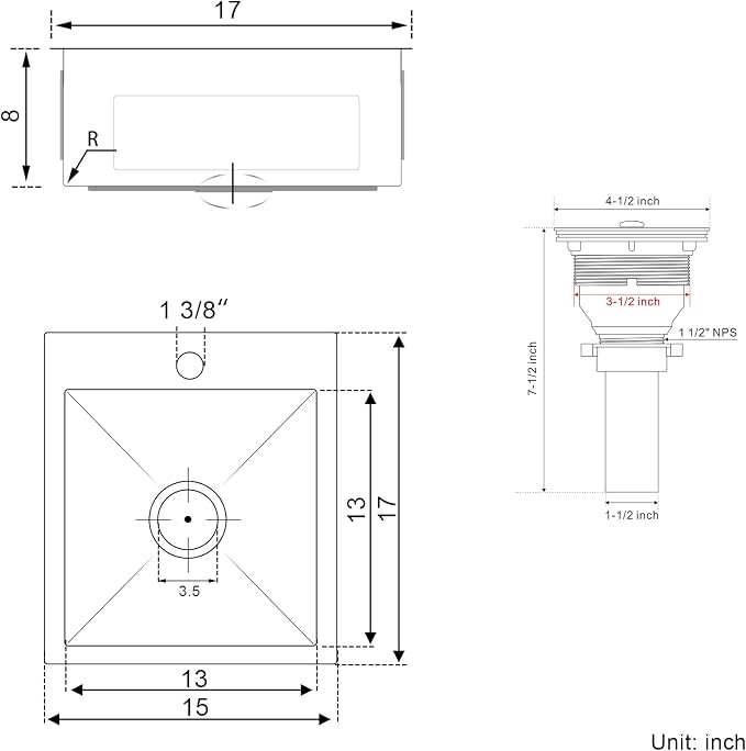 15x17 inch Bar Sink Drop in, Handmade 304 Stainless Steel Sink, R10 Tight Radius - Image 6