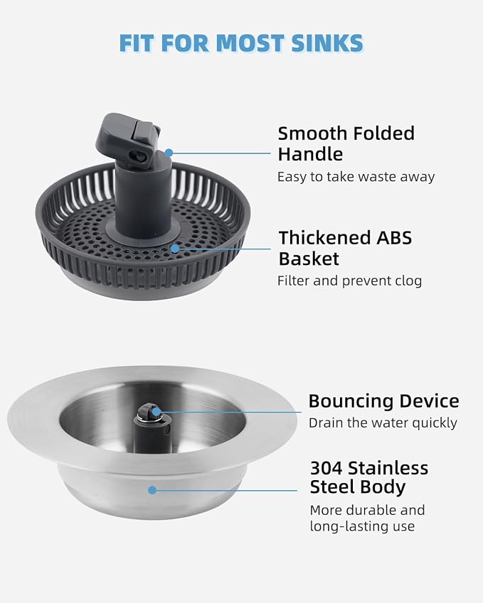 Universal 3 in 1 Kitchen Sink Drain Strainer Stopper Combo, Anti-Clog and Easy - Image 5