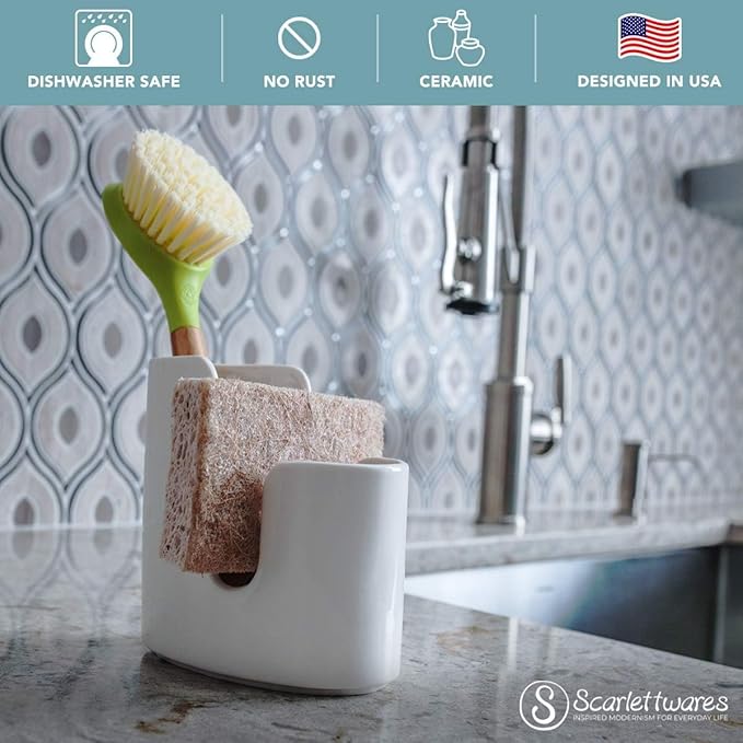 Kitchen Sink Caddy Dish Sponge Holder and Scrub Brush Dish Wand Holder Ceramic - Image 5