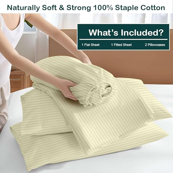 NON Sticky cotton Full Size Sleeper Sofa Sheets, 4 Piece Egyptian Cotton Bed Sheet Set for Sofa Bed, 6" Deep Pocket Fitted Sheet for Pull Out Couch Mattress, 54" x 75", Ivory Stripe, Soft & Breathable