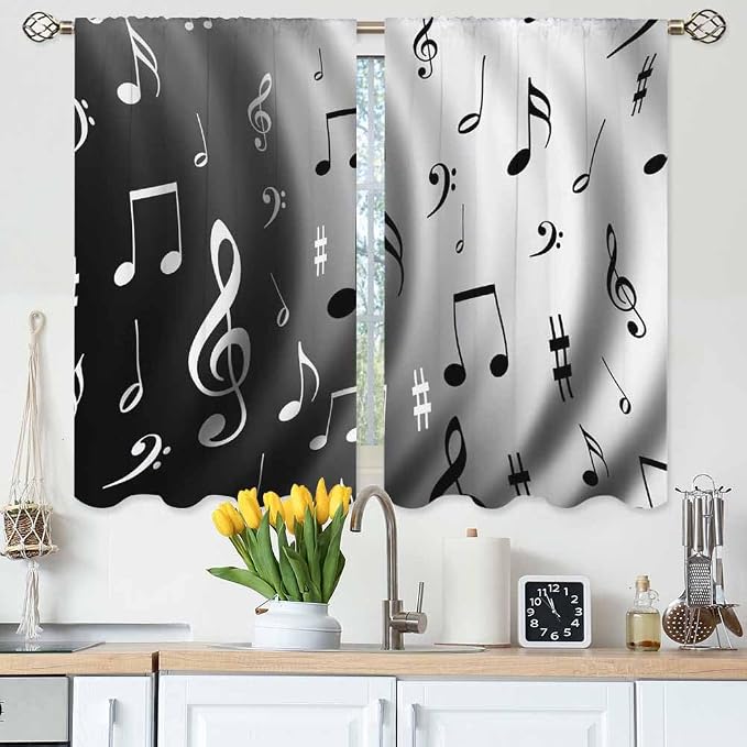Modern Kitchen Curtains Black and White Music Notes Dancing Short Tier Curtains by Unknown