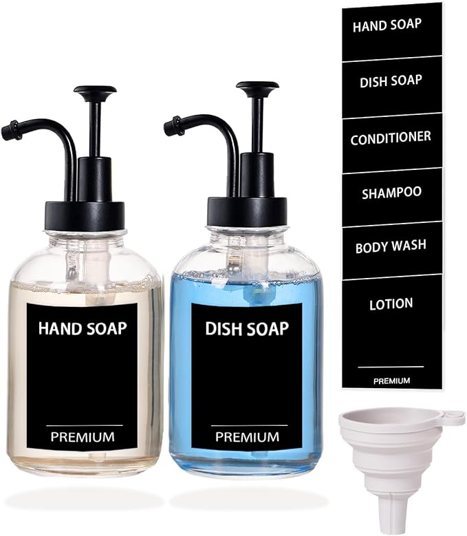 12oz Dish Soap Dispenser for Kitchen, Hand Glass Soap Dispenser Set by Hoousuper