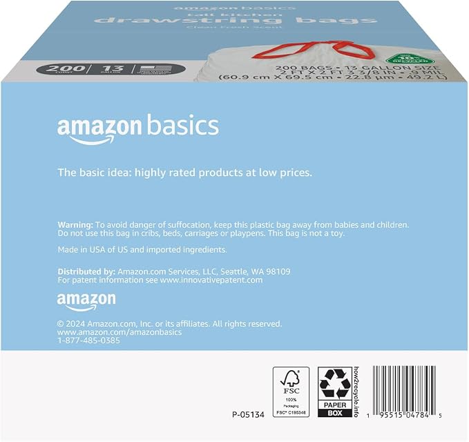 Amazon Basics 13 Gallon Tall Kitchen Drawstring Trash Bags, Clean Fresh Scnet - Image 2
