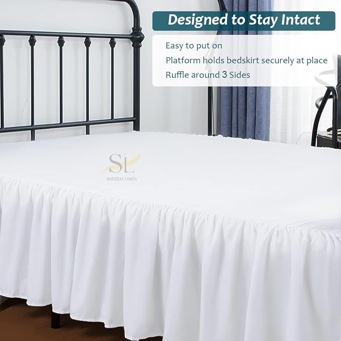 Shreem Linen Ruffled Bed Skirt with Split Corners, Gathered Style, 100% Microfiber, 30-Inch Drop, Dust Ruffle Bedskirt with Platform, Full-XL, White