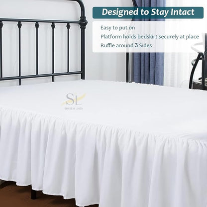 Shreem Linen Ruffled Bed Skirt with Split Corners, Gathered Style, 100% Microfiber, 8-Inch Drop, Dust Ruffle Bedskirt with Platform, Full-XL, White