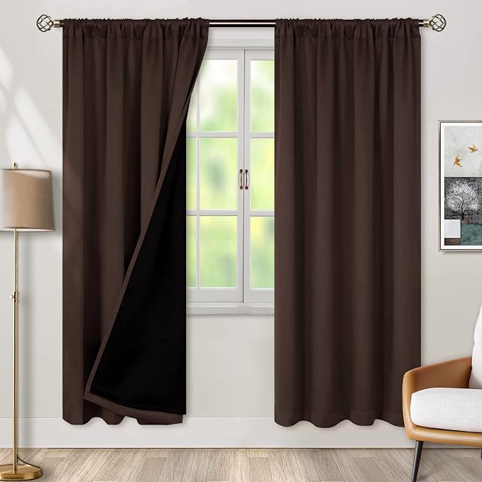 BGment Thermal Insulated 100% Blackout Curtains for Bedroom with Black Liner, Double Layer Full Room Darkening Noise Reducing Rod Pocket Curtain (52 x 72 Inch, Brown, 2 Panels)