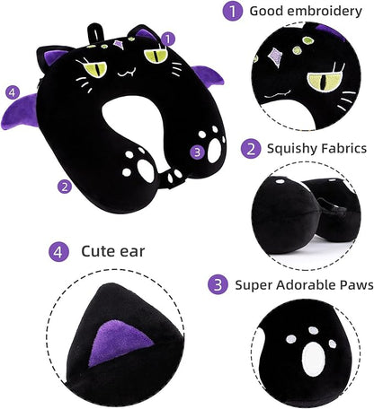 Niuniu Daddy Black Cat Kids Neck Travel Pillow for Kids, Compact Portable Travel Neck Pillow Supportive for Airplane Car Recline Sleeping for 3-8 Years Cute Boys Girls Toddlers Holiday Long Trip