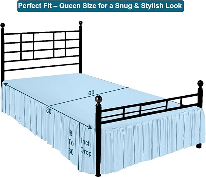 Shreem Linen Ruffled Bed Skirt with Split Corners, Gathered Style, 100% Microfiber, 24-Inch Drop, Dust Ruffle Bedskirt with Platform, Queen, Light Blue