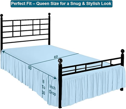 Shreem Linen Ruffled Bed Skirt with Split Corners, Gathered Style, 100% Microfiber, 24-Inch Drop, Dust Ruffle Bedskirt with Platform, Queen, Light Blue