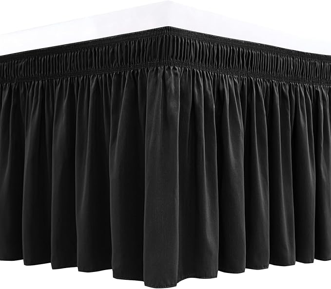 Biscaynebay Wrap Around Bed Skirts for Full & Full XL Beds Short Drop of 12", Black Adjustable Elastic Dust Ruffles Easy Fit Wrinkle Resistant Silky Luxurious Fabric Machine Washable