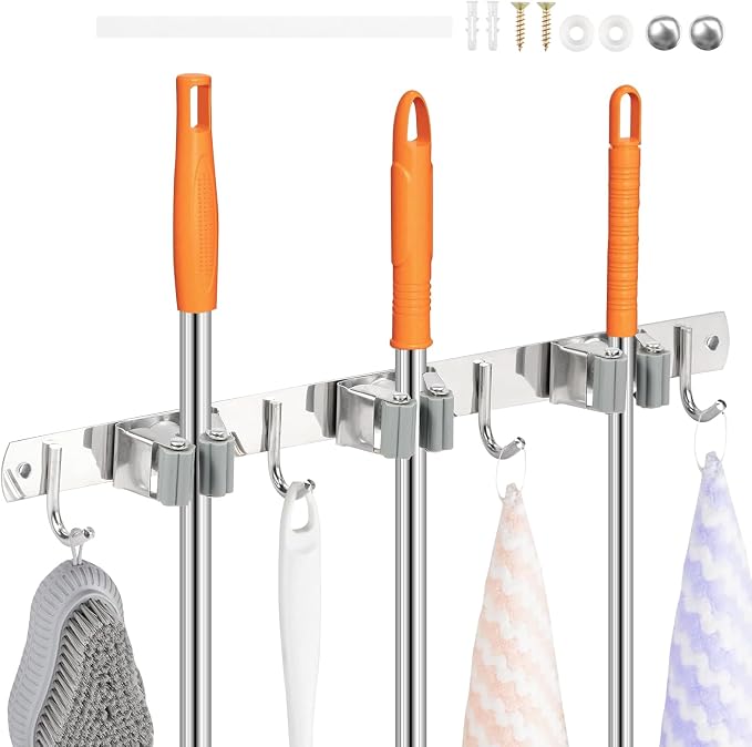 5 Pack Broom Holder Wall Mount 3 Racks 4 Hooks Stainless Steel Broom Mop Holder - Image 9