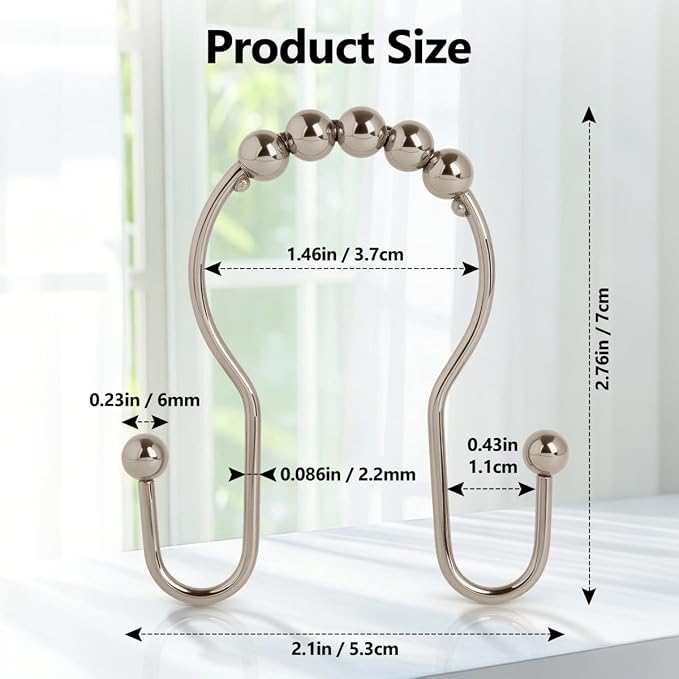 Double Shower Curtain Hooks, Sturdy Metal Nickel Shower Curtain Rings, Glide - Image 2
