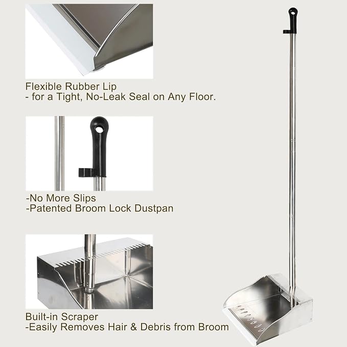Metal Dustpan Long Handle Stainless Steel Dustpan, Heavy Duty Standing Dust Pan - Image 4
