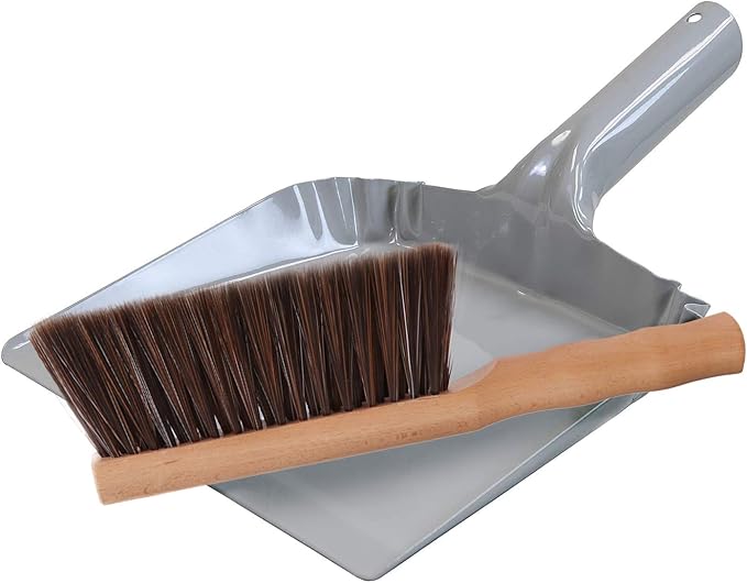 Metal Dust Pan and Brush Set Soft Bristle Wooden Broom Heavy Duty Pan Portable - Image 2